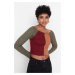 Trendyol Khaki Color Block Fitted Crop Carmen Collar Knitwear Look Knitted Blouse