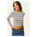 Olalook Women's Navy Blue Striped Crew Neck Premium Soft Touch Crop Stretchy Blouse