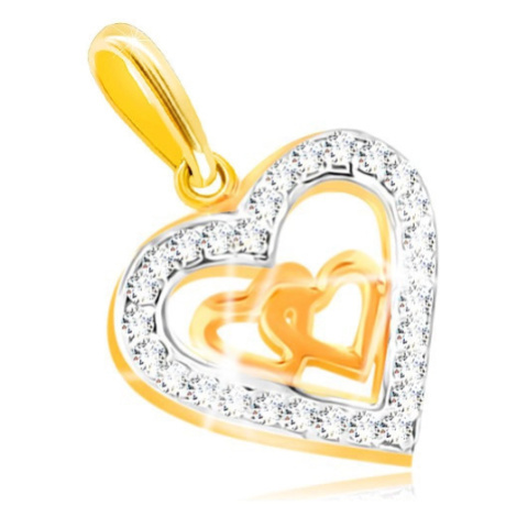 Přívěsek v kombinovaném zlatě 585 - dvě malá srdíčka v kontuře srdce, zirkony Šperky eshop