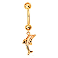 Zlatý 375 piercing do pupíku - banánek se dvěma kuličkami a visící lesklý delfín