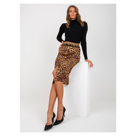 Tmavě béžová a černá tužková sukně s leopardím vzorem s elastickým pasem Fashionhunters
