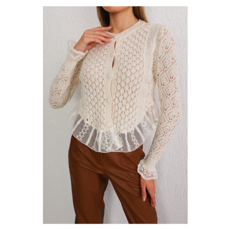 BİKELİFE Women's Ecru Buttoned Tulle Detail Special Design Knitwear Sweater