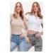 Trend Alaçatı Stili Women's White-Beige Crew Neck 2 Pack Crop Knitted Blouse