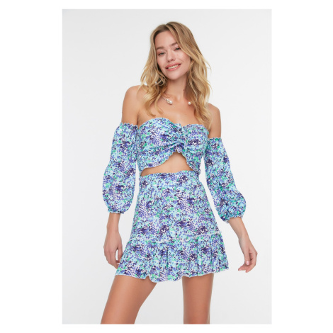 Trendyol Blue Floral Patterned Viscose Beach Two-Piece Suit