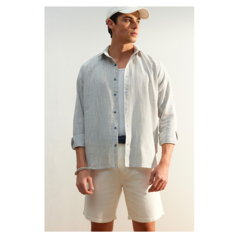 Trendyol Blue Regular Fit 100% Cotton Linen Look Shirt