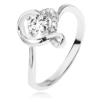 Zásnubní prsten ze stříbra 925, kulatý čirý zirkon v obrysu zvlněného srdce