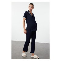 Trendyol Navy Blue Corduroy Shirt Collar Lace Knitted Maternity & Pregnant Pajamas Set