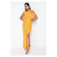 Trendyol Woven Long Evening Dress with Orange Sequin Stone Accessories