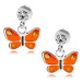 Puzetové náušnice, stříbro 925, čirý krystal, motýl s oranžovými křídly