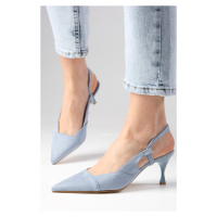 Mio Gusto Megan Blue Color Pointed Toe Open Back Chunky Heel Shoes