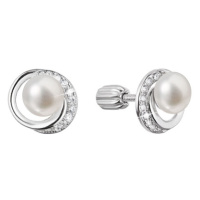 Stříbrné náušnice pecky s kulatou říční perlou a zirkony 21098.1B