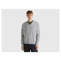 Benetton, Marl Gray V-neck Sweater In Pure Merino Wool