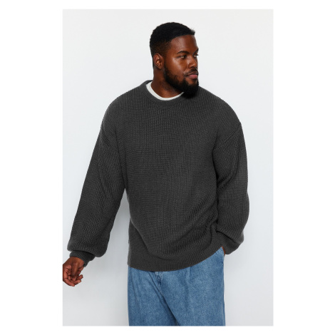 Trendyol Anthracite Plus Size Men's Oversize Fit Wide Fit Crew Neck Basic Knitwear Sweater