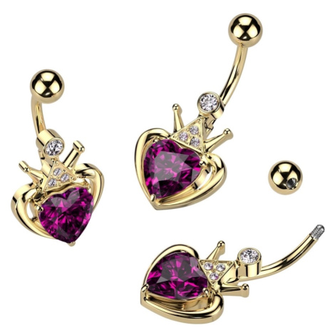 Ocelový piercing do pupíku - srdce s růžovým krystalem a korunkou Šperky eshop