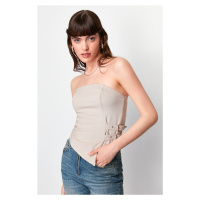 Trendyol Mink Strapless Fitted Belt Buckle Detail Woven Blouse