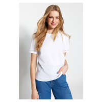 Trendyol White 100% Cotton Embroidery Detailed Basic Crew Neck Knitted T-Shirt