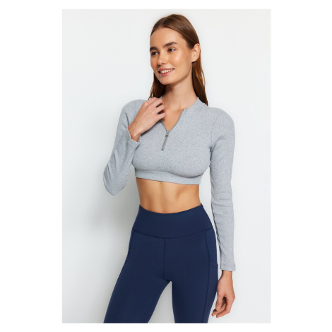 Trendyol Gray Melange Ribbed and Zipper Detail Yoga Knitted Sports Top/Blouse