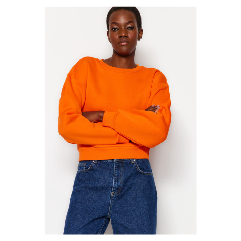 Trendyol Orange Relaxed Cut Crop Basic Crew Neck Thick Fleece Inside Knitted Sweatshirt