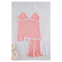 Trendyol Pink Cotton Polka Dot Lace and Ribbon/Bow Detailed Knitted Pajama Set