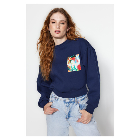 Trendyol Navy Blue Thick Inside With Fleece Printed Crew Neck Comfortable Cut Crop Knitted Sweat