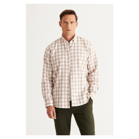 ALTINYILDIZ CLASSICS Men's Ecru-Brown Comfort Fit Flannel Lumberjack Shirt with Buttoned Collar. AC&Co / Altınyıldız Classics