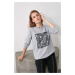 Trendyol Gray Printed Basic Knitted Thin Sweatshirt