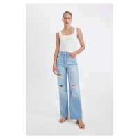 DEFACTO 90's Wide Leg High Waist Wide Leg Ripped Detailed Washed Jean Trousers