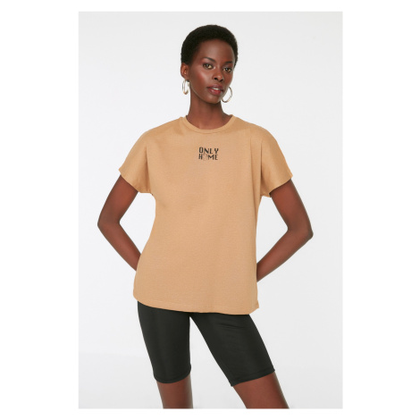 Trendyol Light Brown Recycle Off Shoulder Printed Basic Knitted T-Shirt