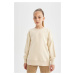 DEFACTO Girl Beige Relax Fit Crew Neck Cotton Basic Plain School Sweatshirt