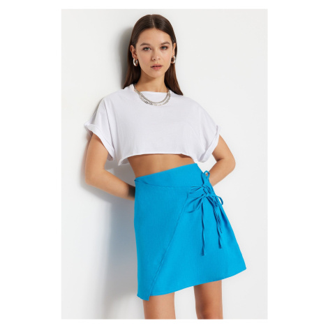 Trendyol Blue Mini Woven Skirt With Tie Detail, Linen Look