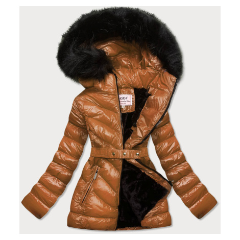 Lesklá zimní bunda v karamelové barvě s mechovitou kožešinou (W673) MHM