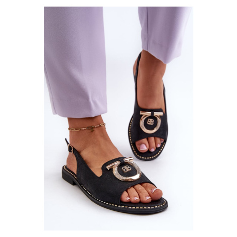 Elegantní dámské sandály se zlatým zdobením na plochých podpatcích, černá S.Barski Kesi