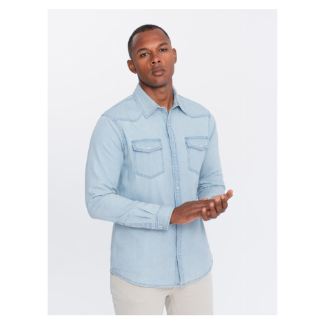 Men's denim snap shirt with pockets - light blue V1 OM-SHDS-0115 Ombre