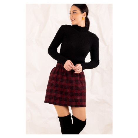 armonika Women's Claret Red Check Short Skirt With Elastic Waist