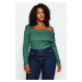 Trendyol Curve Emerald Green Asymmetrical Collar Plain Basic Wrap Knitted Blouse