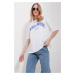 Trend Alaçatı Stili Women's Blue Crew Neck Printed Oversize Cotton T-Shirt