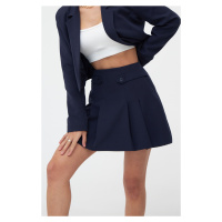 Laluvia Navy Blue Double Pleated Side Flap Skirt