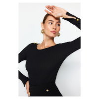 Trendyol Black Boat Collar Corduroy Flexible Regular Fit Long Sleeve Button Detailed Knitted Blo