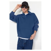 Trendyol Basic Indigo Oversize/Wide Cut Shirt Collar Pocket Fleece Thick Sweatshirt