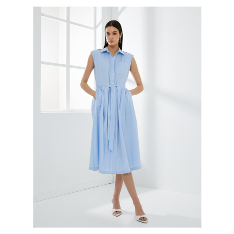 Koton Shirt Dress Belted Pleated Buttoned Sleeveless Midi Length Cotton