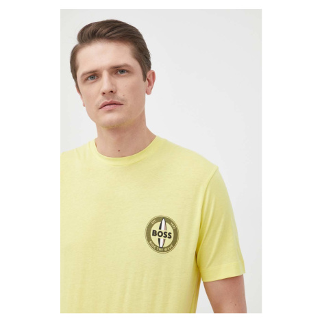Tričko BOSS pánský, žlutá barva, s potiskem Hugo Boss