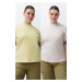 Trendyol Curve Oil Green-Grey 2 Pack 100% Cotton Basic Stand Collar Knitted T-Shirt