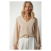 Happiness İstanbul Women's Beige V Neck Crepe Blouse