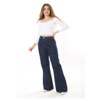 Şans Women's Plus Size Navy Blue 5 Pockets Wide Leg High Waist Denim Trousers