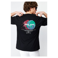 Trendyol Black Oversize/Wide-Fit Space Back Printed 100% Cotton T-shirt