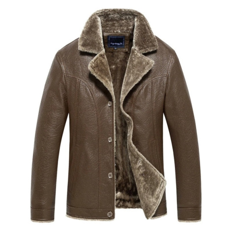 Teplá kožená bunda na knoflíky zimní kožený kabát s podšívkou