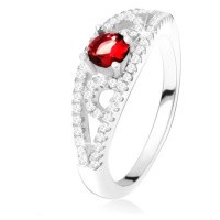 Prsten ze stříbra 925, kulatý červený zirkon, linie s čirými kamínky