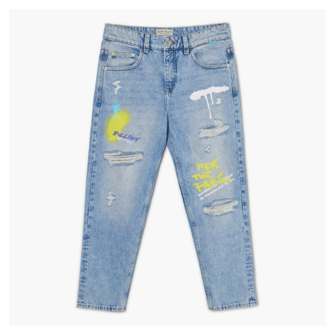 Cropp - Modré džíny s potiskem graffiti - Modrá