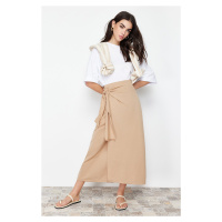 Trendyol Camel Double Breasted Tie Detailed Woven Linen Look Skirt