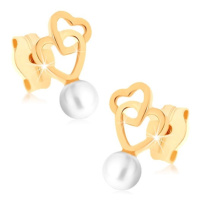 Zlaté náušnice 375 - dva propojené obrysy srdcí, kulatá bílá perlička